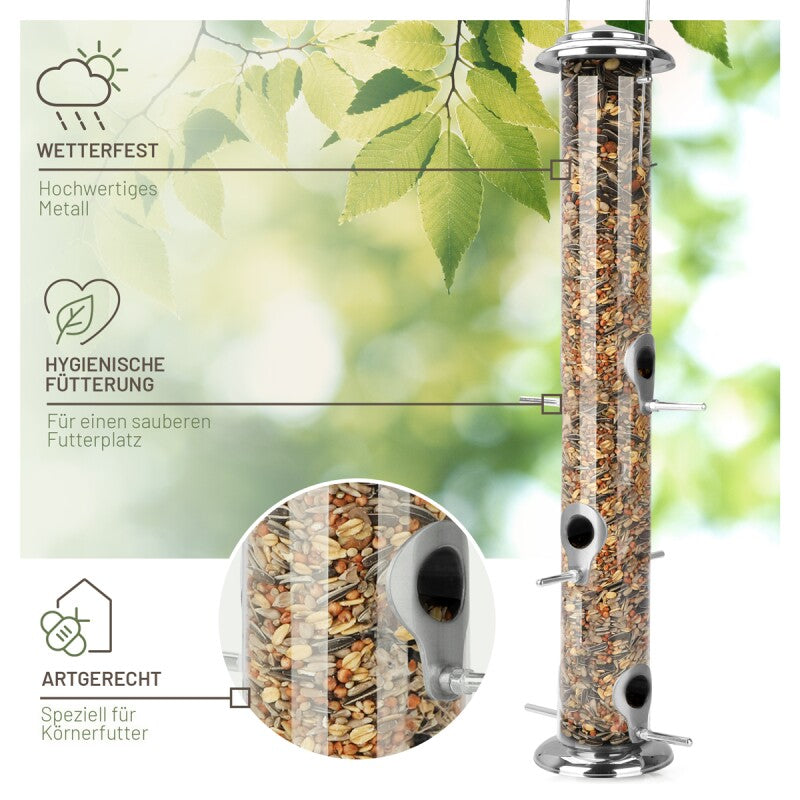 wildtier liebe Futtersäule für Samen, Körner & Kerne 52cm, Silber