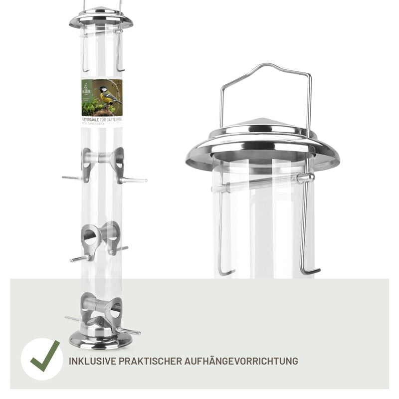 wildtier liebe Futtersäule für Samen, Körner & Kerne 52cm, Silber