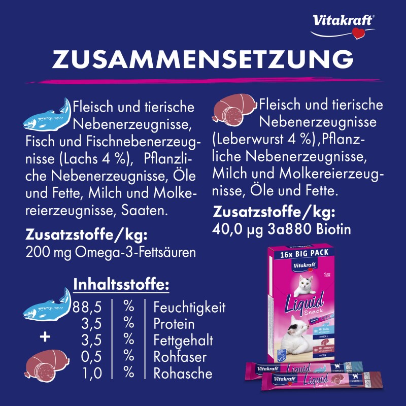 Vitakraft Liquid Snack Multipack mit Lachs und Leberwurst 16x15 g