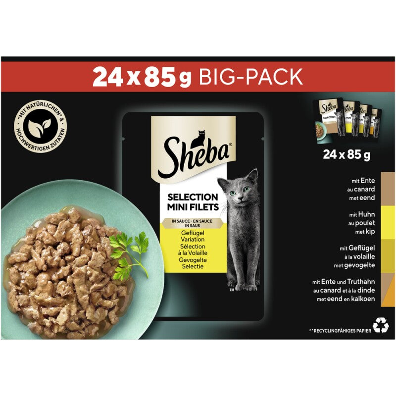 Sheba Selection Mini Filets Nassfutter Katze Adult, Mixpaket, Geflügel Variation, in Sauce 24x85 g