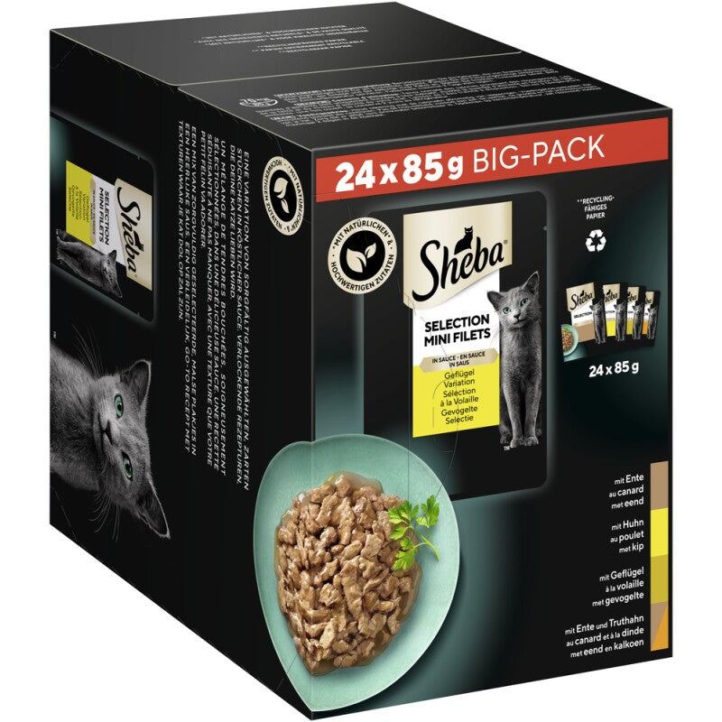 Sheba Selection Mini Filets Nassfutter Katze Adult, Mixpaket, Geflügel Variation, in Sauce 24x85 g