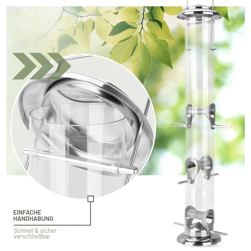wildtier liebe Futtersäule für Samen, Körner & Kerne 52cm, Silber